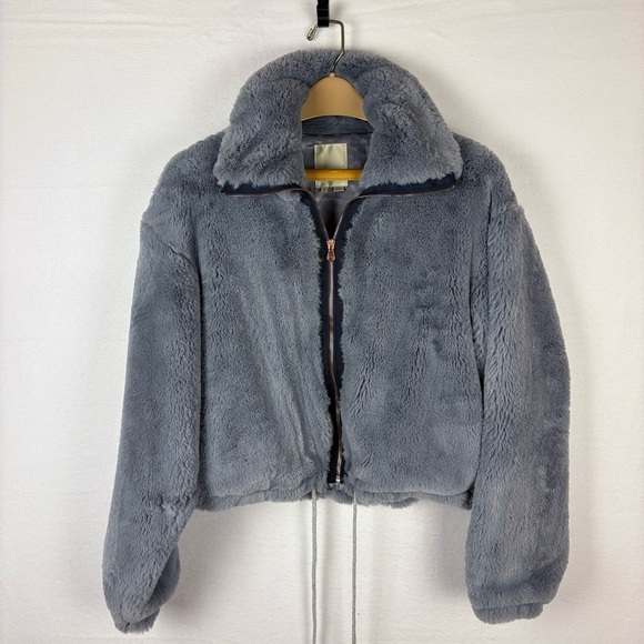 Elevenses Bristol Blue Gray Faux Fur Zip Bomber Jacket - Picture 2 of 7